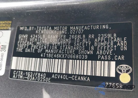 2007 Toyota Camry Le from USA, damaged, VIN 4T1BE46KX7U668039